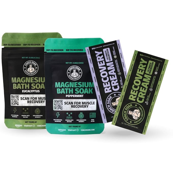 Coach Soak Magnesium Bath Flakes Mint & Lotion Trial Pack - Absorbing Magnesium Cream with Menthol - 0.18 lb (4 Pack) - Mixed Scents