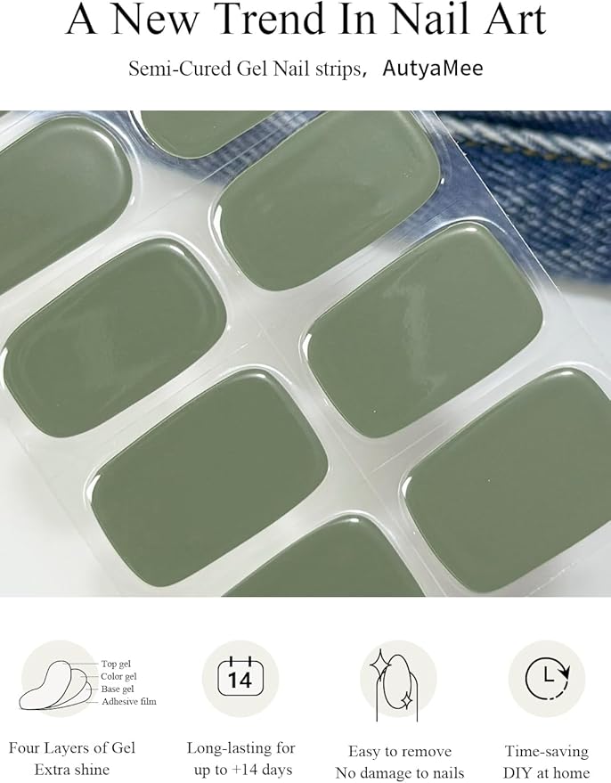 Semi Cured Gel Nail Strips (Army Green), 20 Pcs Gel Nail Wraps, Stickers, Salon Quality, Long Lasting, Works with Any Lamps