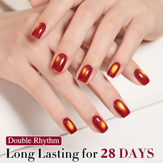 Double Rhythm 0.5 OZ Cat Eye Gel Polish with Magnet 15ML Holographic Glitter Shimmer Translucent Jelly Color Magnetic Nail Polish Salon DIY at Home (Sunny Blood Red-MC1253)