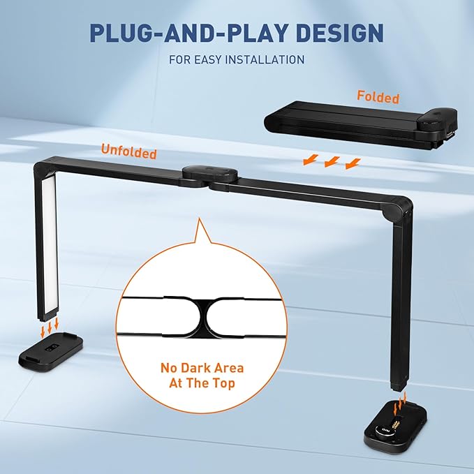 KIRKAS 34inch Large Half Moon Light for Nail Tech, 456 LEDs 3 Color Modes Infinitely Knob Arch Nail Light with Phone Holder Charging Function, Foldable Lighted Desk Lamp for Manicure, Handicraft-Black