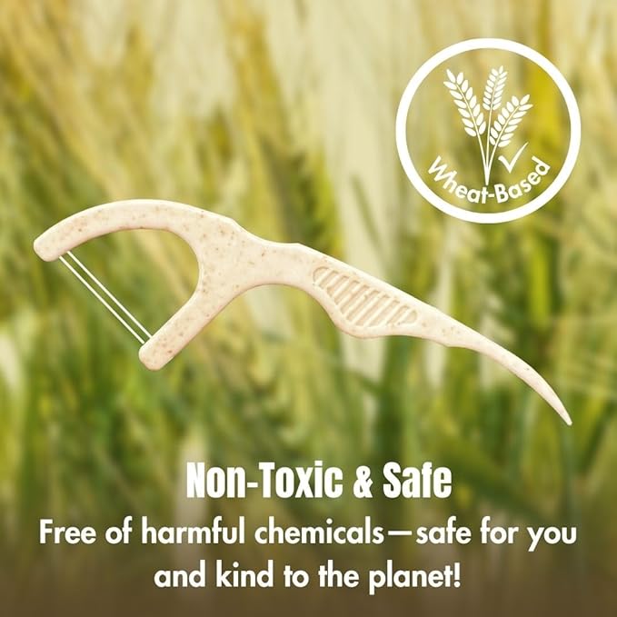 Twin Line Eco Floss Picks (220 Count) - Plant-Based Straw Wheat Floss Sticks with Travel Case | 2X More Effective Cleaning-Compostable Tooth Flossers, Thin & Shred Resistant Thread |