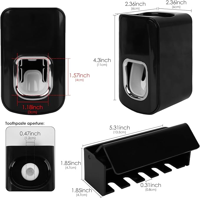 5 Slots Wall Mount Toothbrush Holder with Cover, Self Adhesive Toothbrush Storage Organizer for Shower, Toothbrush Hanger with Automatic Toothpaste Squeezer Dispenser(Black)