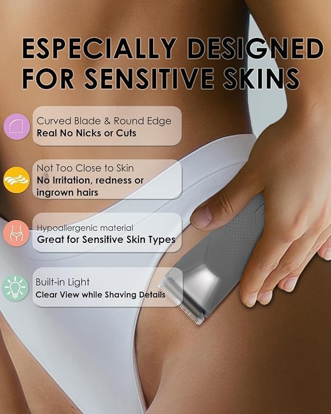 Manscape for Men, Groin Trimmer for Men and Women, Body Hair Trimmer and Ball Trimmer with Light, Pubic Hair Shaver, Manscaper Kit, 7 Precisions, Waterproof Wet/Dry Grooming (Grey)