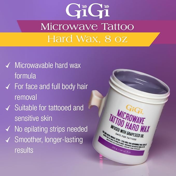 GiGi Microwave Tattoo Hard Wax for Hair Removal - Grapeseed Oil-Infused Safe for Tattoos, No Strips Needed, 8 oz