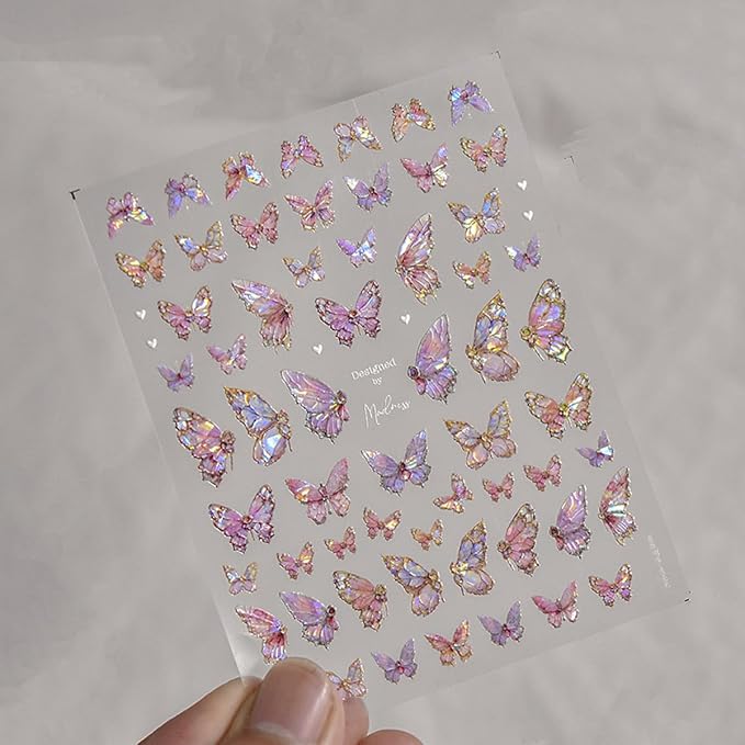 Butterfly Nail Art Stickers Decals Pink Butterfly 5D Embossed Nail Decals Shell Light Butterflies Nail Designs Adhesive Sticker Manicure Accessories for Women Girls DIY Nail Art Decorations Supplies