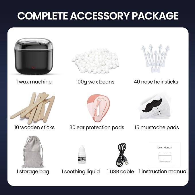 SUERBEATY Nose Wax Kit Men, Nose and Ear Hair Waxing Kit | 40 Sticks, 100g Wax, Up to 20 Uses | Smart Temp Control | USB Fast Heating | Safe for Sensitive Nasal Skin, Painless