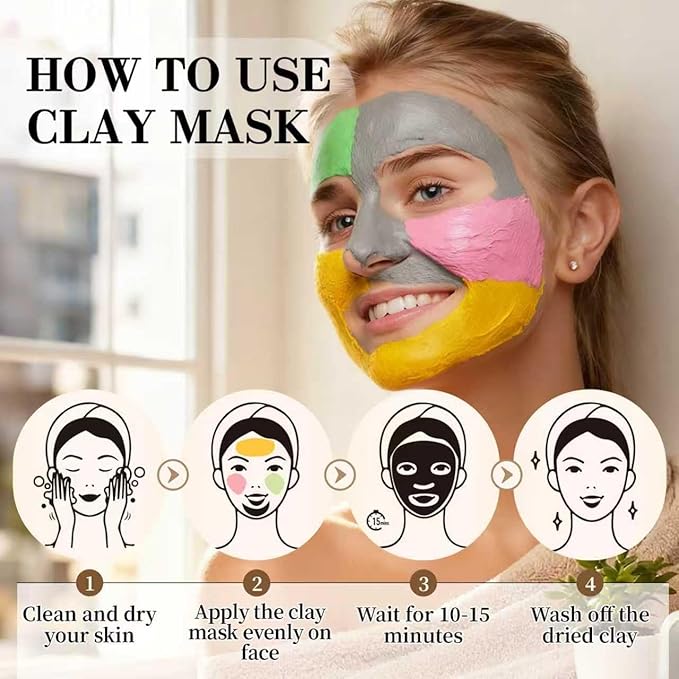 4pcs Clay Mask for Face(360g in total), Turmeric Vitamin C, Dead Sea Mud,Green Tea, Avocado, Rose, Facial Clay Mask Set, Gift Set for Women, Face Mask Skin Care, Gifts for Women, 3.17 Oz Each