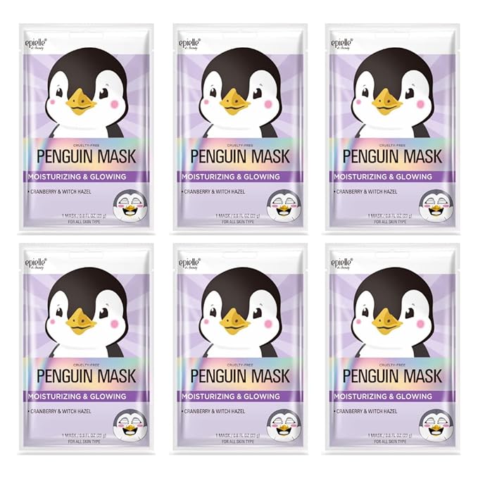 Epielle Character Face Mask Penguin 6 Pack, Fun & Effective Korean Skin Care, Spa Party Favors, Stocking Stuffers, Birthday Gifts for Women, Thanksgiving Essentials