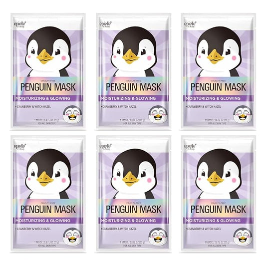 Epielle Character Face Mask Penguin 6 Pack, Fun & Effective Korean Skin Care, Spa Party Favors, Stocking Stuffers, Birthday Gifts for Women, Thanksgiving Essentials