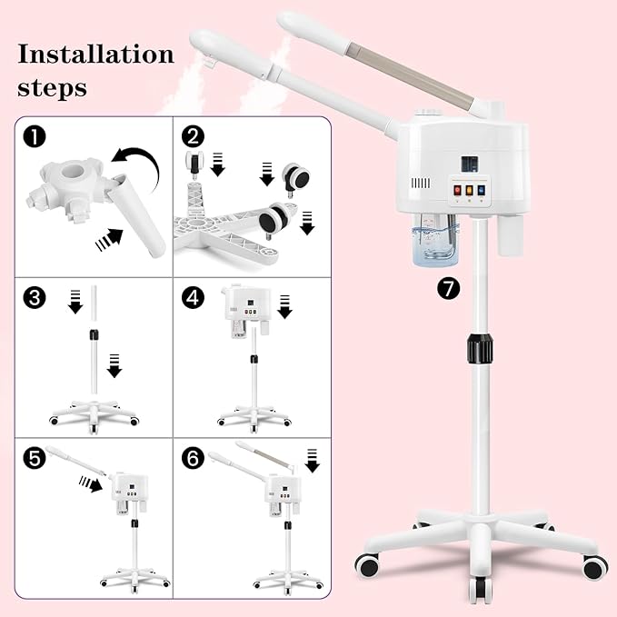 Professional Facial Steamer, 2 in 1 Face Steamer with Cold & Hot Mist, Ozone Facial Steamer with Timer Function, Stand Face Steamer Adjustable Height for Spa, Salon and at Home use