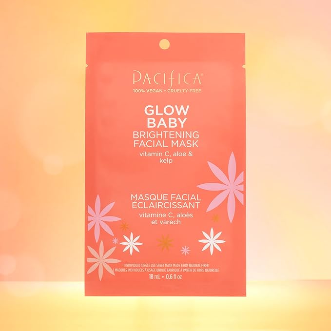 Pacifica Beauty, Glow Baby Brightening Face Mask, Sheet Mask, Skincare, Vitamin C, Aloe, Kelp, Brightening, Glowing Skin, Dullness, Fine Lines, Dark Spots, Dry Skin, Vegan & Cruelty Free (Pack of 2)