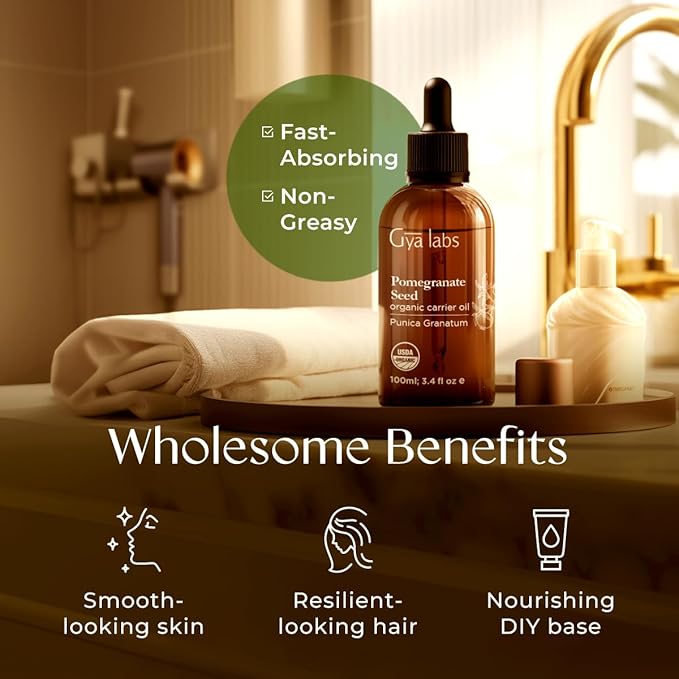 Gya Labs Pomegranate Seed Carrier Oil - 3.4 Fl Oz - for Hair, Skin, Face, Scalp & Body Massage