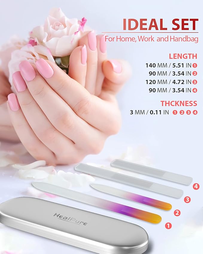 Glass Nail File and Nail Shiner, 4PC Crystal Nail File and Nano Glass Nail Buffer, Premium Set with Case, Professional Manicure Tool Fingernail Czech File for Natural Nail, Gift for Women and Girls