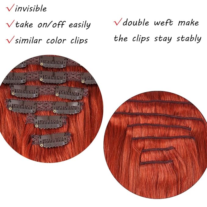 18" Clip in Human Hair Extensions Full Head 150g 7 Pieces 16 Clips #350 Copper Red Double Weft Brazilian Real Remy Hair Extensions Thick Straight Silky (18" 150g, #350)