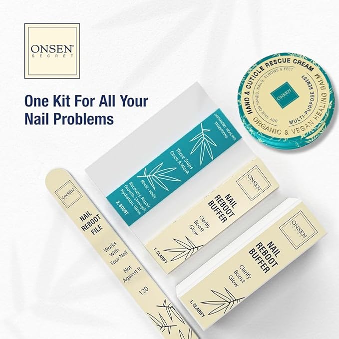Onsen Secret Essential Nail Reboot Kit with Hand & Cuticle Rescue Cream | Buffer Block, Professional File, Replacement Pads and Repair Cream for Strong, Healthy, Shiny Natural Nails at Home
