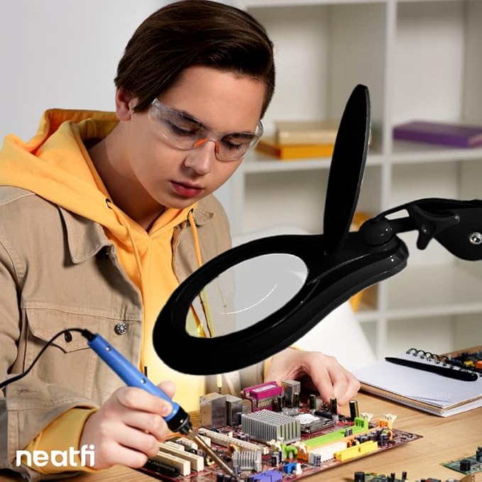 Neatfi 1,200 Lumens Super LED Magnifying Lamp with Clamp, Dimmable, Includes Microfiber Cleaning Cloth, 5 Inch Diameter Lens for Reading, Sewing, Crafting (Black, 5 Diopter)