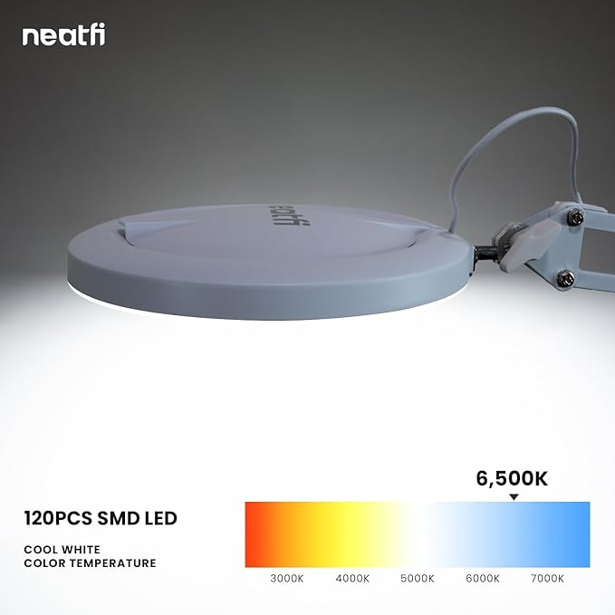 Neatfi (New Model) LED Magnifying Lamp with Clamp, 5D Magnification, 120Pcs SMD LEDs, 12W, Adjustable Color Temperature (White, 5-Inch Lens, 5 Diopter)
