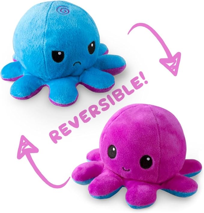 TeeTurtle - The Original Reversible Octopus Plushie - Purple + Blue - Cute Sensory Fidget Stuffed Animals That Show Your Mood, Angry Blue + Happy Purple, 4 inch