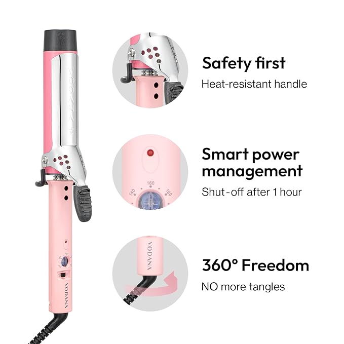 VODANA Professional GlamWave Ceramic Curling Iron, Long-Lasting Natural Curls, Instant Heat, Hair Curler, Curling Wand, Available in USA (1.4 inch, Pink)