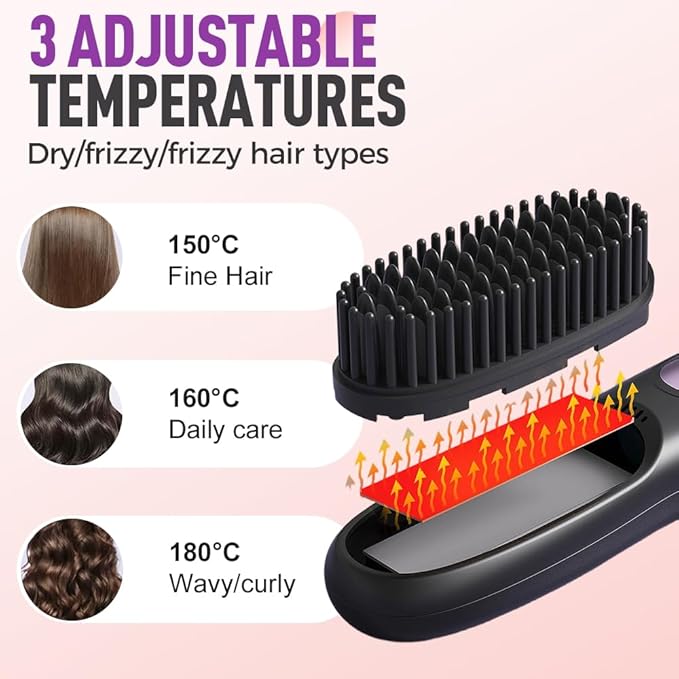 Go Brush Pro, Cordless Hair Straightener Brush, Portable Mini Hair Straightening Brush with 3 Temperature Settings & LED Display, USB Rechargeable Fast Heating Hairs Brush for Travel (Black)