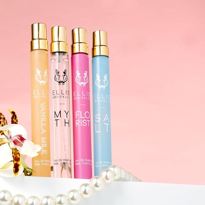 Ellis Brooklyn ROM COM Mini Fragrance Gift Set, Includes 4, 10ml Travel Sprays, MYTH, FLORIST, SALT, VANILLA MILK, Luxury Perfume Gift Set, Vegan & Cruelty-Free