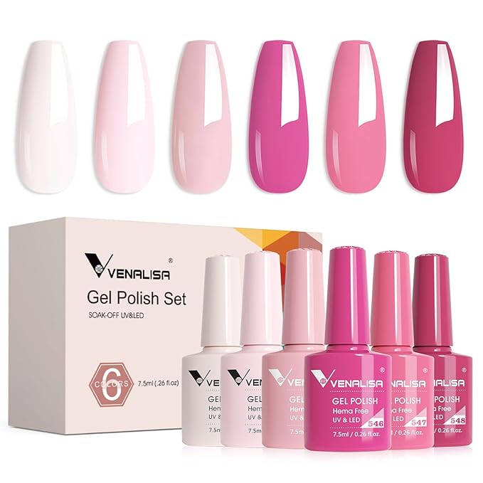 VENALISA Pink Gel Nail Polish Set of 6 Colors Milky White Hot Pink Gel Polish Kit Soak Off UV Gel Salon Nail Art DIY at Home Manicure