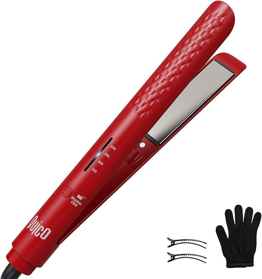 Quico Hair Straightener, 110-240V Global Travel Hair Straighteners for Women, 15s Fast Heating, Professional Negative Ion Flat Iron, Temp Memory, 320℉-450℉, Auto-Off, with Glove and Clips, Gift, Red
