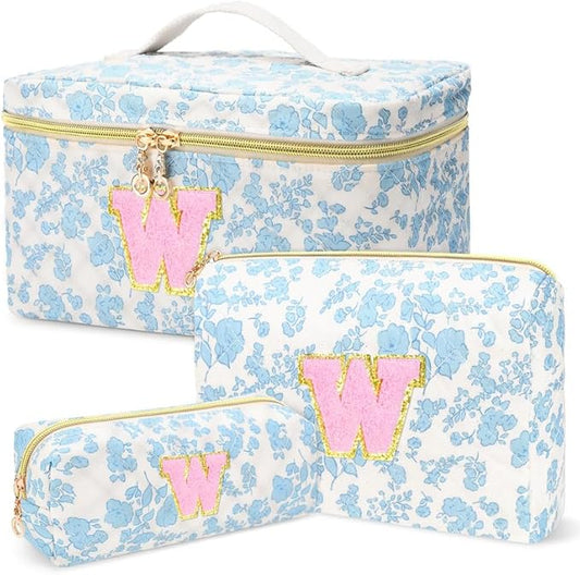 3 PCS Travel Makeup Bag Set,A-Z Initials Cotton Make up Bag Floral Quilted Cosmetic Bag for Girls and Women,Personalized Christmas Gifts,Cute Toiletry Travel Accessories Brushes Bags-W