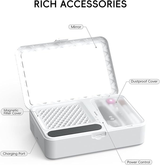 Portable Nail Dust Collector Deluxe Kit, Rechargeable Cordless Nail Quiet Vacuum Fan Cleaner with Mirror & Reusable Filters, Rich Nail Tech Tools, Compact Travel Size, Best Gifts for Women Teen Girls