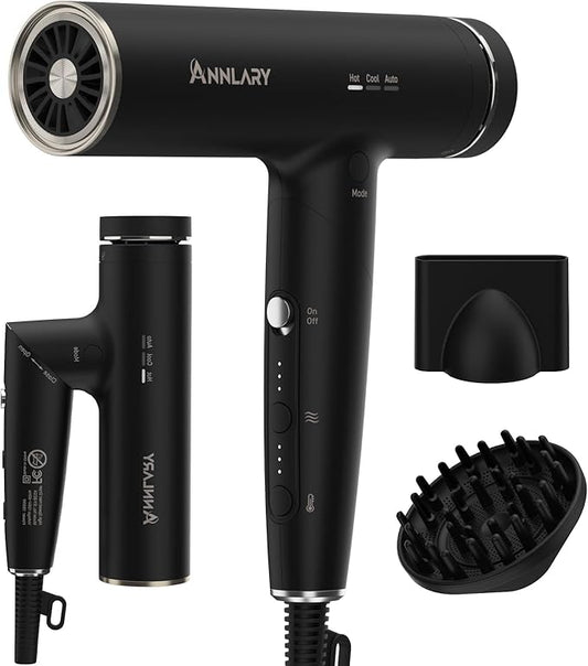 Foldable Hair Dryer with Diffuser, 110,000 RPM Professional High Speed Blow Dryer with Plasma Ion, 6.5Ft ALCI Cord, Concentrator & Diffuser for Men and Women, Lightweight for Travel/Home
