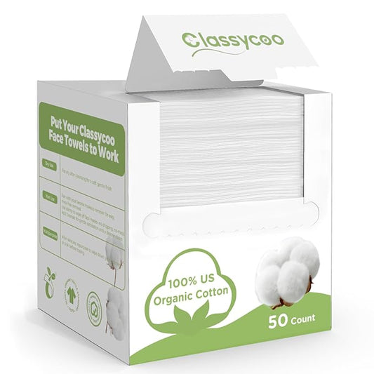 Classycoo 50 PCS Disposable Face Towel Travel Size, 100% Cotton Clean Towels Soft for Sensitive-Skin Facial Towelette Wipes, Odor-Free, Makeup Remover Cloths for Hand Dry Wipe, 7.87x7.87 IN