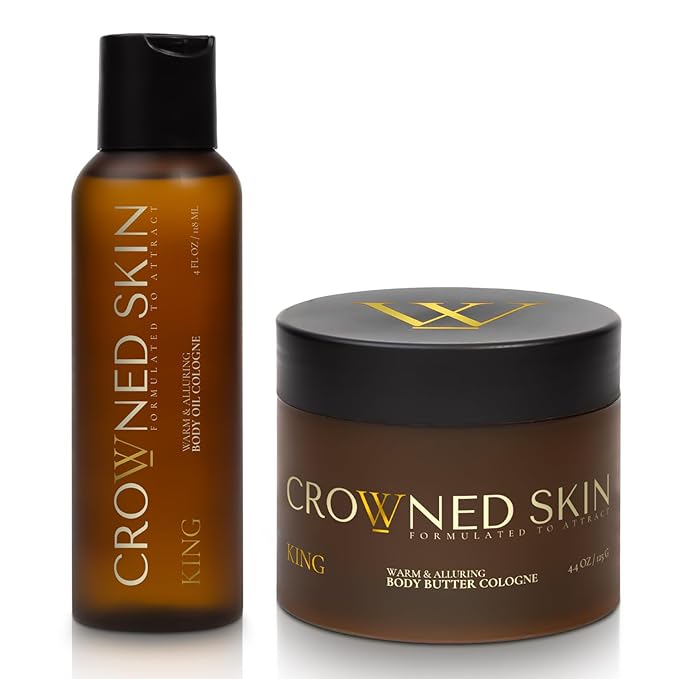 Crowned Skin King Body Butter Cologne and Body Oil Cologne Bundle | New Moisturizing Formula | Skin Care Set with Warm Sandalwood & Leather Scent | Natural Shea & Mango Butter | All-Day Fragrance