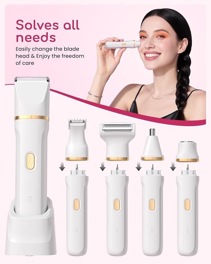 Bikini Trimmer for Women - 5 in 1 Electric Razors for Ladys Pubic Facial Nose Body Leg Hair Removal, Waterproof Electric Shaver for Women Private Area Sensitive Skin, Personal Hair Trimmer