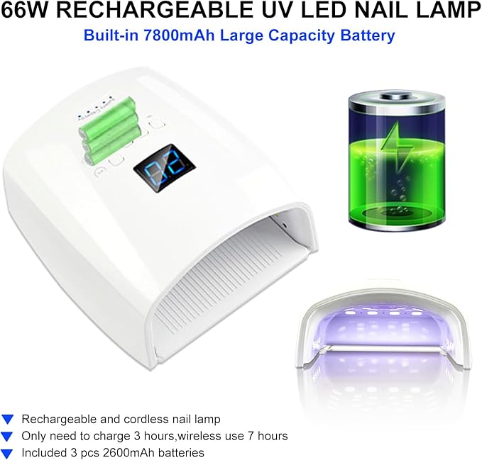 66W UV LED Nail Lamp, Professional Rechargeable Cordless UV Light for Gel Nails,5 Timer Settings Gel Nail Light, Nail Dryer Nail Art Manicure Tools for Home and Salon