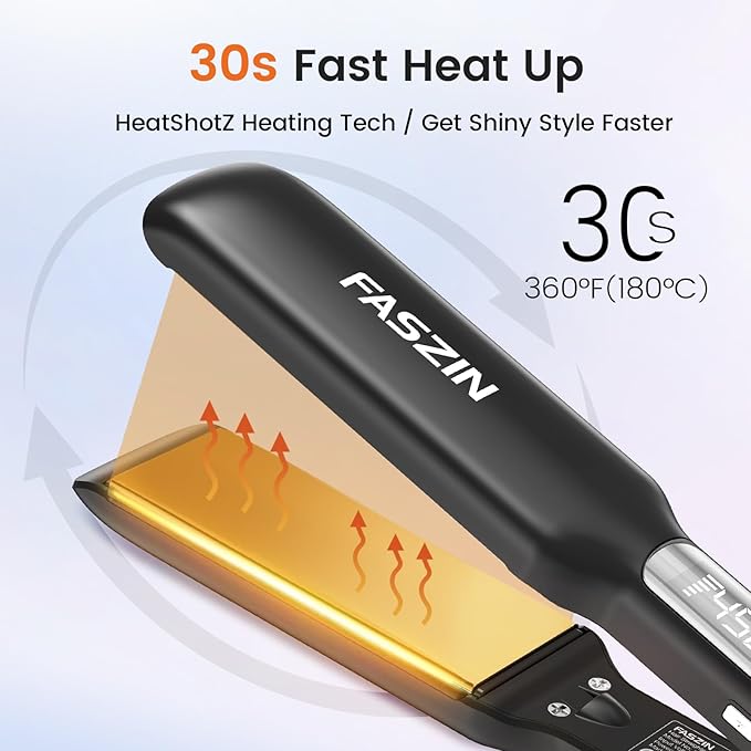 Faszin Professional Hair Straightener, 1.65inch Wide-Plate, Titanium Negative Ion Flat Iron, 30s Rapid Heating, LED Temp Display, Wide Voltage & 10 Adjustable Temp Levels (260-450℉) - Black