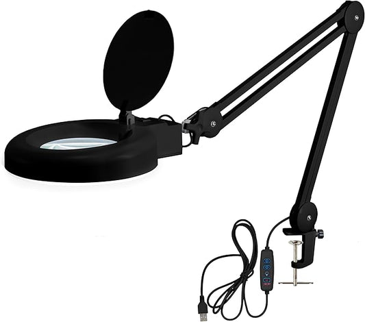 Neatfi (New Model) LED Magnifying Lamp with Clamp, 12W, 60 SMD LEDs, Adjustable Step Dimming Brightness, Desk Lamp Magnifier Light for Crafts, Painting, and Hobbies (Black, 5-Diopter)