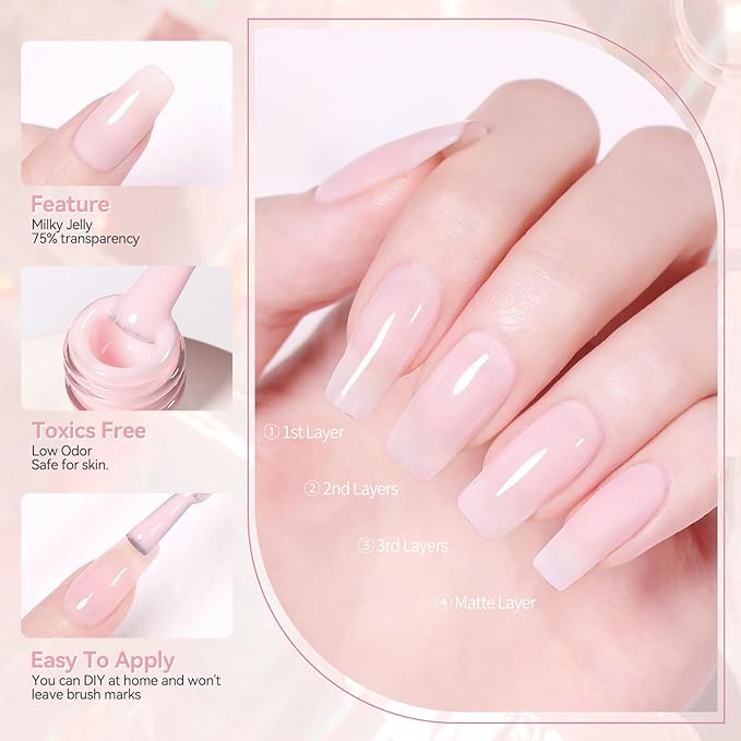Born Pretty Jelly Gel Nail Polish, Light Pink Sheer Crystal Transparent Gel Nail Polish For All Seasons, Hema-Free Nail Art Design Translucent Gel Nail Soak Off Gel Polish Nail Art DIY 15ML