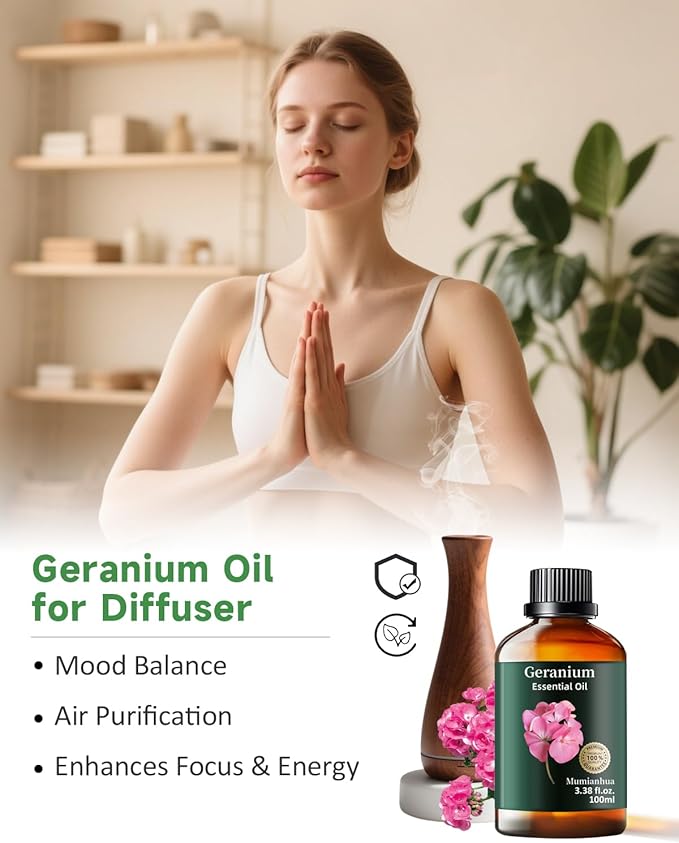 Pure Geranium Essential Oil, Mumianhua Natural Rose Geranium Oil for Reed Diffuser, Air Freshener, Massages,Relaxation, Garden Freshness, Outdoor Ambiance, Skin, Hair, Soap, Candles Making 3.38 Fl oz