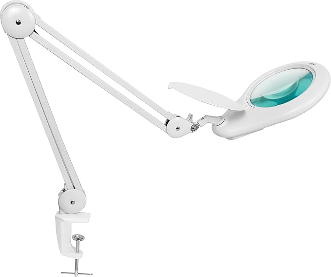 Neatfi LED Magnifying Lamp, 5 Diopter Glass Lens, 6500K Daylight Bright Light, Adjustable Arm, Eye-Friendly Lamp for Crafts, Sewing, Painting, Jewelry Making & Reading (White, 7-Inch Lens with Clamp)