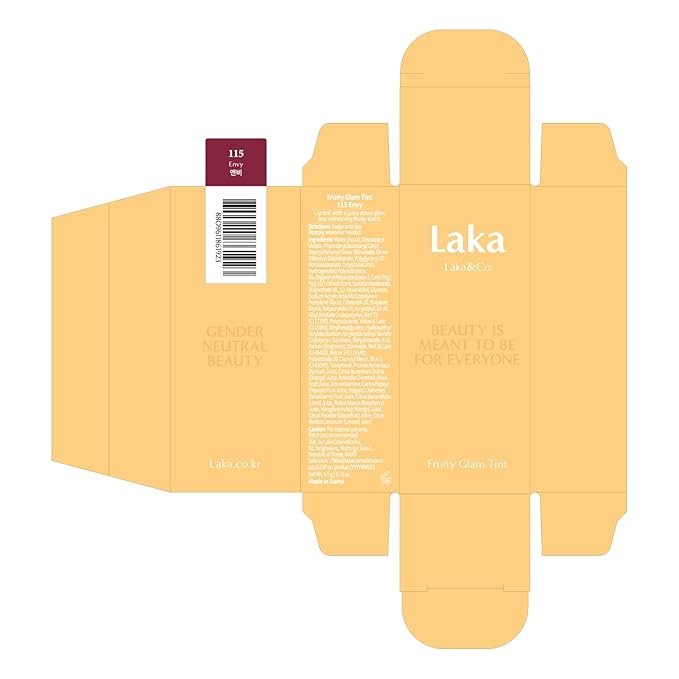 Laka Fruity Glam Tint, 4.5g/0.15oz, Glowing Lip Stain with Wide Color Spectrum, Hydrating & Lightweight Texture, Long-Lasting Bold Stain, Non-Sticky, Vegan, K-Beauty (#115 Envy)