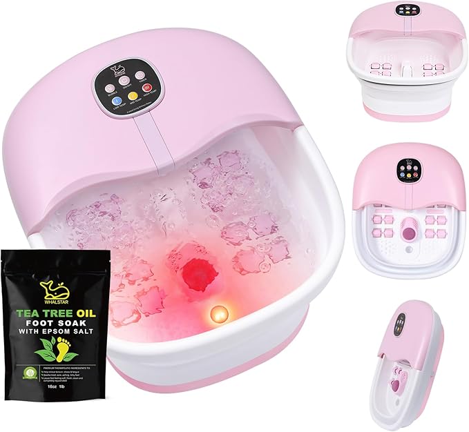 Collapsible Foot Spa Bath Massager with Heat Bubbles and Vibration Massage and Jets, 16oz Tea Tree Oil Foot Soak Epsom Salt, WHALSTAR Foot Bath Bucket With Red Light & Remote - PINK