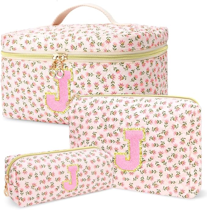 3 PCS Travel Makeup Bag Set,A-Z Initials Cotton Make up Bag Floral Quilted Cosmetic Bag for Girls and Women,Personalized Christmas Gifts,Cute Toiletry Travel Accessories Brushes Bags-J