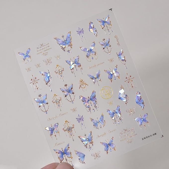 Butterfly Nail Art Stickers Decals 5D Butterfly Nail Stickers Blue Seashell Shinny Butterfly Nails Design 5D Embossed Nail Decals Butterfly Stickers for Women Girl DIY Manicure Nail Art Decorations