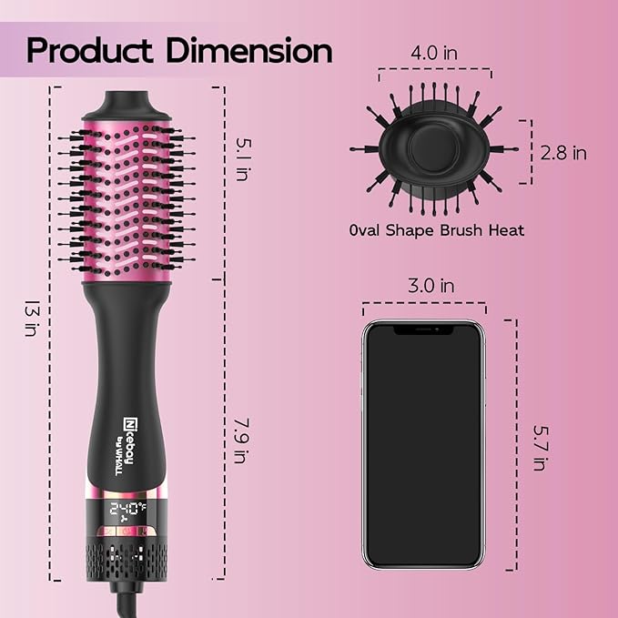 Nicebay Hair Dryer Brush, Blow Dryer Brush for Women Fast Styling, One Step Blowout Brush with Display Screen-Less Frizz, More Shine, Oval Ceramic Barrel, Negative Ion