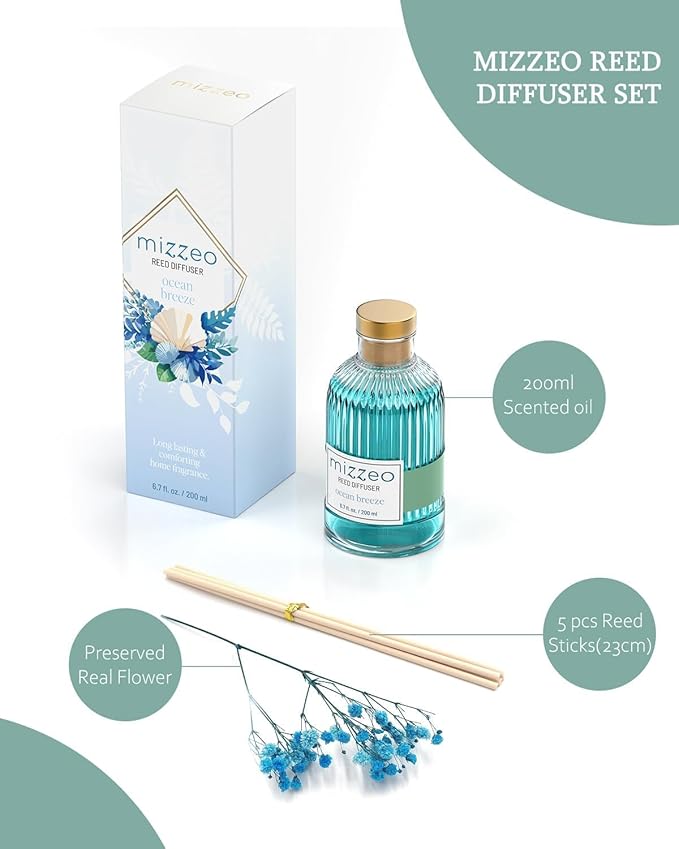 MIZZEO Reed Diffuser Set, Ocean Beach 6.76 fl oz Highly Scented Room Diffuser Home Fragrance Essential Oil Reed Flower Diffuser, House Bedroom Office Decor & Gifts