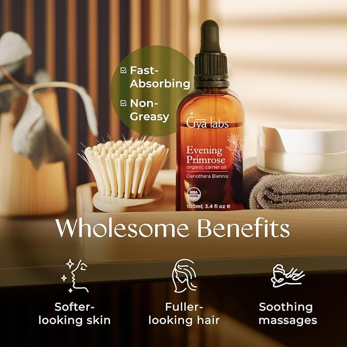 Gya Labs Evening Primrose Carrier Oil - 3.4 Fl Oz - for Hair, Skin, Face, Scalp & Body Massage