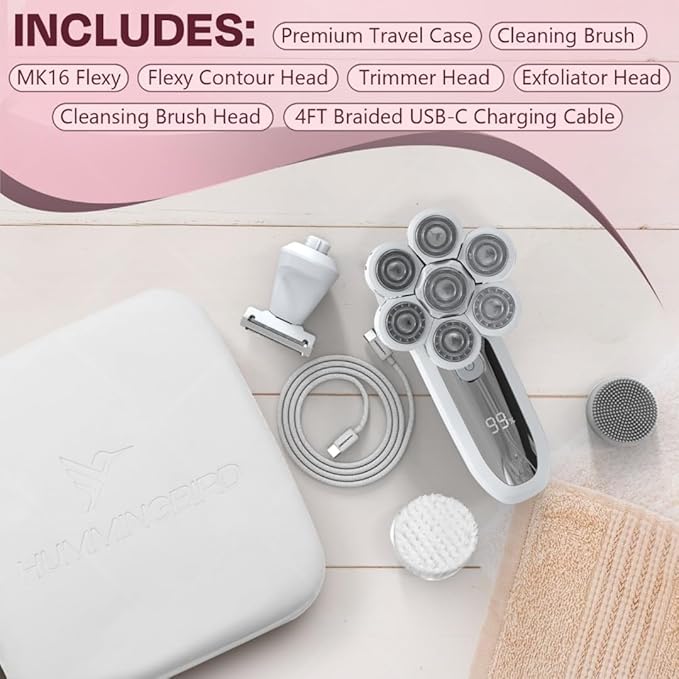 HUMMINGBIRD Flexy Electric Razors for Women – Cordless Rechargeable Waterproof Electric Leg Shaver for Silky Smooth Legs, Hair Removal Kit, Exfoliator, Cleanser, Travel Case & Bikini Trimmer for Women