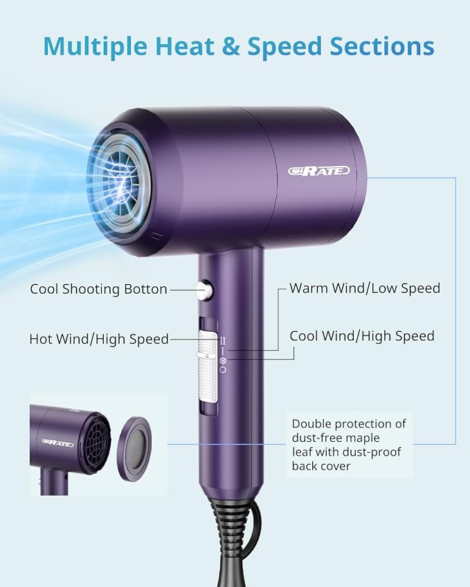 SHRATE Lightweight Ionic Hair Dryer with Diffuser - Powerful 1800W Blow Dryer for Fast Drying - Professional Low Noise Mini Hair Dryer for Travel, Gifts, Hair Styling