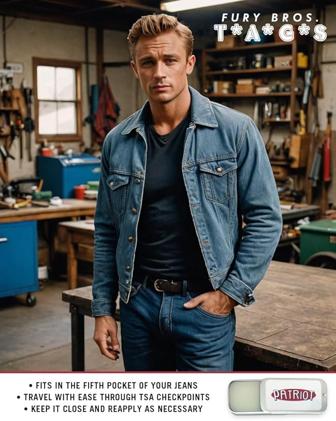 FURY BROS. TAGS Men’s Solid Cologne | Patriot | Campfire & Fresh-Cut Tobacco | Beeswax Grapeseed Oil Fragrance | Made in USA | Travel Size .25 oz