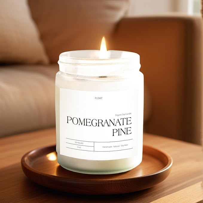 Pomegranate Pine Candles for Home Scented, 9oz Natural Soy Aromatherapy Non Toxic Candles with Essential Oil, Home Fragrance Stress Relief & Meditation Jar Candles Gifts for Women & Men